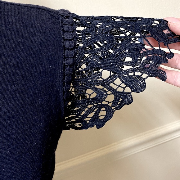 LOFT Navy Blue Short Sleeve Shirt With Lace Cutout Sleeves - Picture 6 of 10